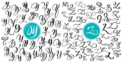 Hand drawn vector calligraphy letter Y, Z. Script font. Isolated letters written with ink. Handwritten brush style. Hand lettering for logos packaging design poster