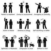 Human Personalities Opposite Values Positive vs Negative Stick Figure Pictogram Icons. vector