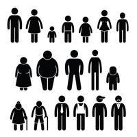 Personas carácter hombre mujer niños edad tamaño Stick figura pictograma iconos. vector