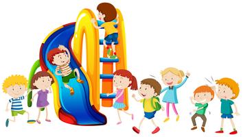 Boys and girls playing on slide vector