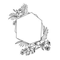 Marco gráfico de geometría floral. Vector las hojas y las flores en la ilustración linda aislada en fondo negro. Decoraciones de boda estilo