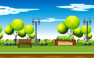 Scene of public park with bench and lamps vector