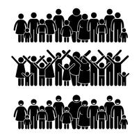 Grupo de personas que se colocan iconos de pictograma de figura de palo de comunidad. vector