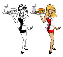 Mujer de camarera con bandeja de comida con hamburguesa, papas fritas y bebida vector de dibujos animados