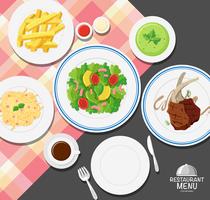 Different types of food on dining table vector