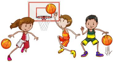 Three people playing basketball