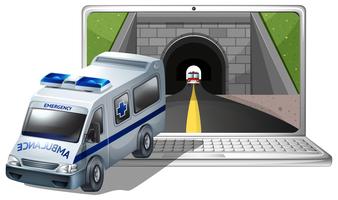 Pantalla de ordenador con ambulancia y tunel. vector