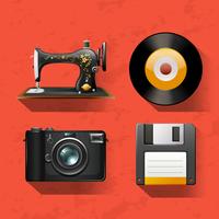 Colecciones vintage con maquina de coser y discos. vector