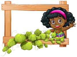 A frame with plants and a Black girl waving vector