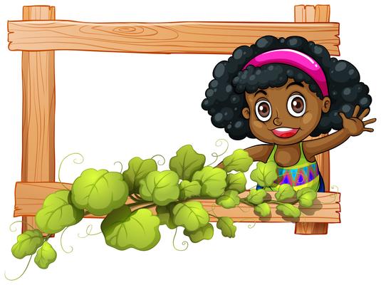 A frame with plants and a Black girl waving