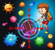 Boy fighting with bacteria vector