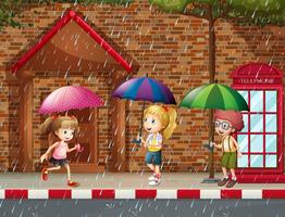 Three kids in the rain vector