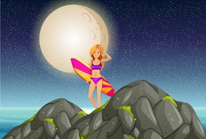 Chica en bikini con tabla de surf en la noche vector