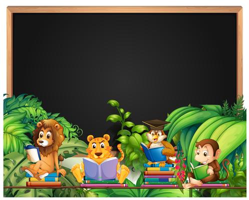 Frame design with wild animals reading book