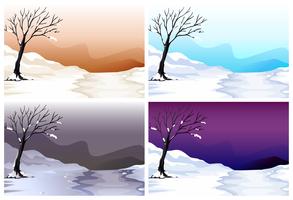 Cuatro escenas de campo de nieve en cielo de diferentes colores. vector