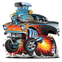 Classic hot rod fifties style gasser drag racing muscle car, red hot flames, big vector