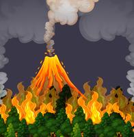 Erupción de volanco y escena de fuego. vector