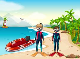 Two scuba divers and boat in the sea vector