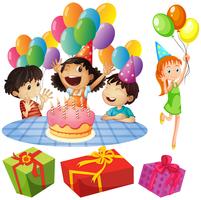 Niños en fiesta de cumpleaños con globos y regalos. vector