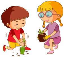 Niño y niña plantando árboles vector