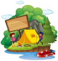 Cartel de madera detrás del camping. vector