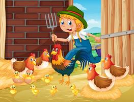 Farmer and chickens in the barn vector