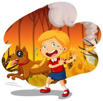 Una niña y un perro en el bosque de incendios forestales vector