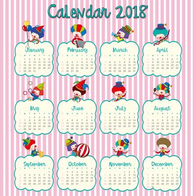 2018 calendar design with happy clowns