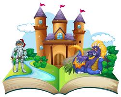 Libro de cuentos con caballero y dragón. vector