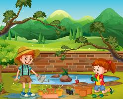 Kids Planting in the Garden vector