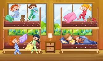 Children in bedroom with two bunkbeds vector