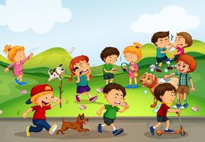 Many kids playing in the field vector