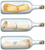 Tres botellas de vidrio con mensaje. vector