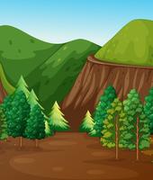 Escena de fondo con bosque y montañas vector