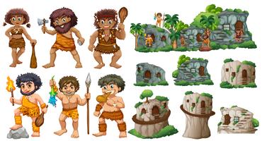 Cave people and different styles of houses vector