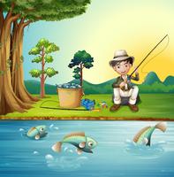 Hombre pescando por el rio vector