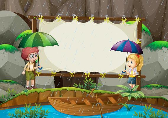 Banner template with kids in the rain