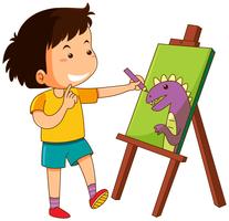 Niño pequeño dibujando dinosaurio sobre lienzo vector