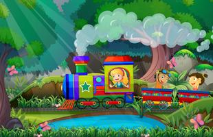 Los niños viajan en tren en el bosque vector