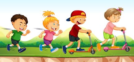 Four kids running and scooting in park vector