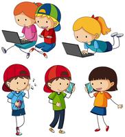 Kids doing different activities with entertainment devices vector