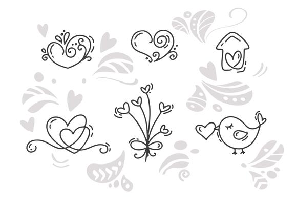 Vector monoline Valentines Day Hand Drawn elements. Happy Valentine Day. Holiday sketch doodle Design card with Heart. Isolated illustration decor for web, wedding and print