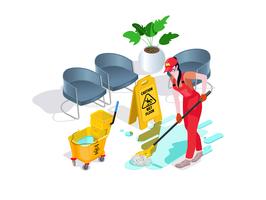 Mujer vestida de uniforme lava el piso de la oficina y limpia. Servicio profesional de limpieza con equipo y personal. vector
