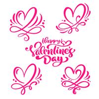 Conjunto de texto de caligrafía roja &quot;Feliz día de San Valentín&quot; y corazones vector