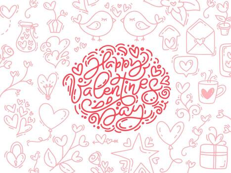 Vector de caligrafía monoline frase feliz día de San Valentín. Valentine Hand Drawn letras y elementos. Bosquejo de vacaciones doodle tarjeta de diseño con marco de corazón. Ilustración aislada de decoración para web, boda e impresión.