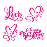 Conjunto de palabras de caligrafía rojas &quot;Amor&quot;, &quot;Feliz día de San Valentín&quot; y corazones vector
