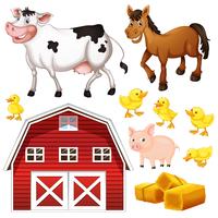 Farm animals and barn