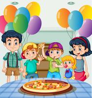Niños comiendo pizza en la fiesta vector