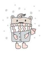 Christmas scandinavian style design. Hand drawn vector illustration of a cute funny winter bear in a muffler, going for a walk. Isolated objects on white background. Concept for kids apparel, nursery print