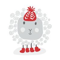 Handdraw Funny vector doodle white sheep in red winter hat, sketch for your design. Isolated on white background